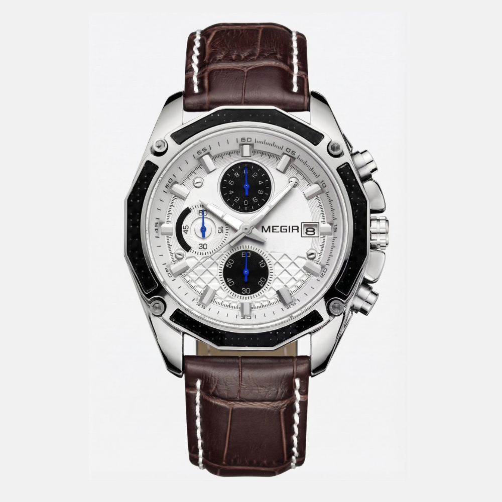 Detailed front view of a retro style watch with a brown dial and leather strap, a stylish chronograph watch.