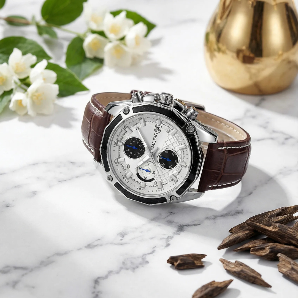 Close-up view of the precision sub-dials on a retro style brown leather watch, a reliable quartz watch.