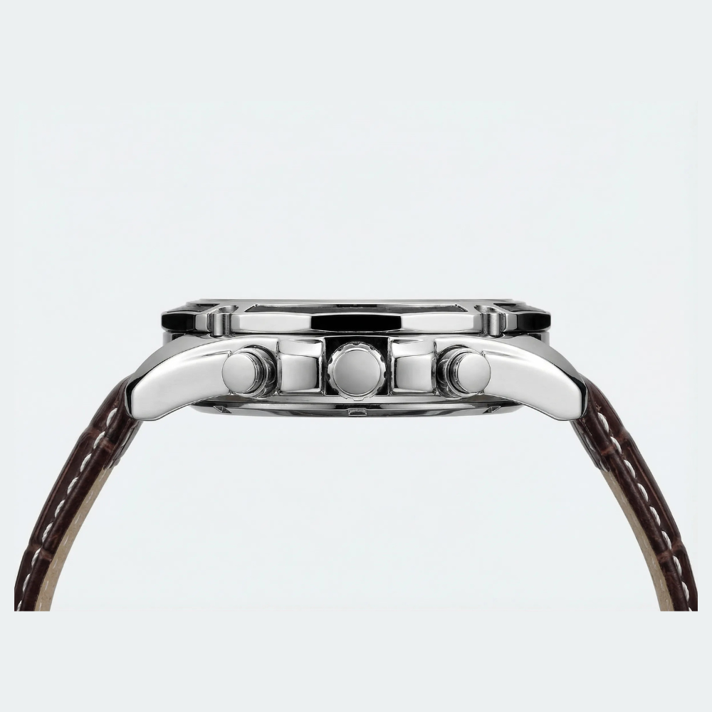 Angled presentation of a retro business watch, a classic analog watch for men.