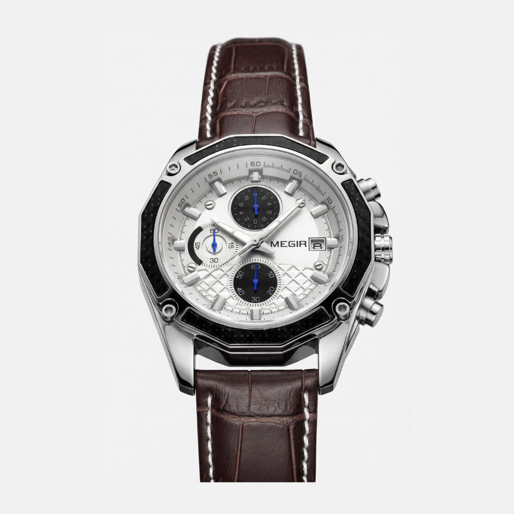 Detailed view of the premium leather strap on a brown retro style watch.