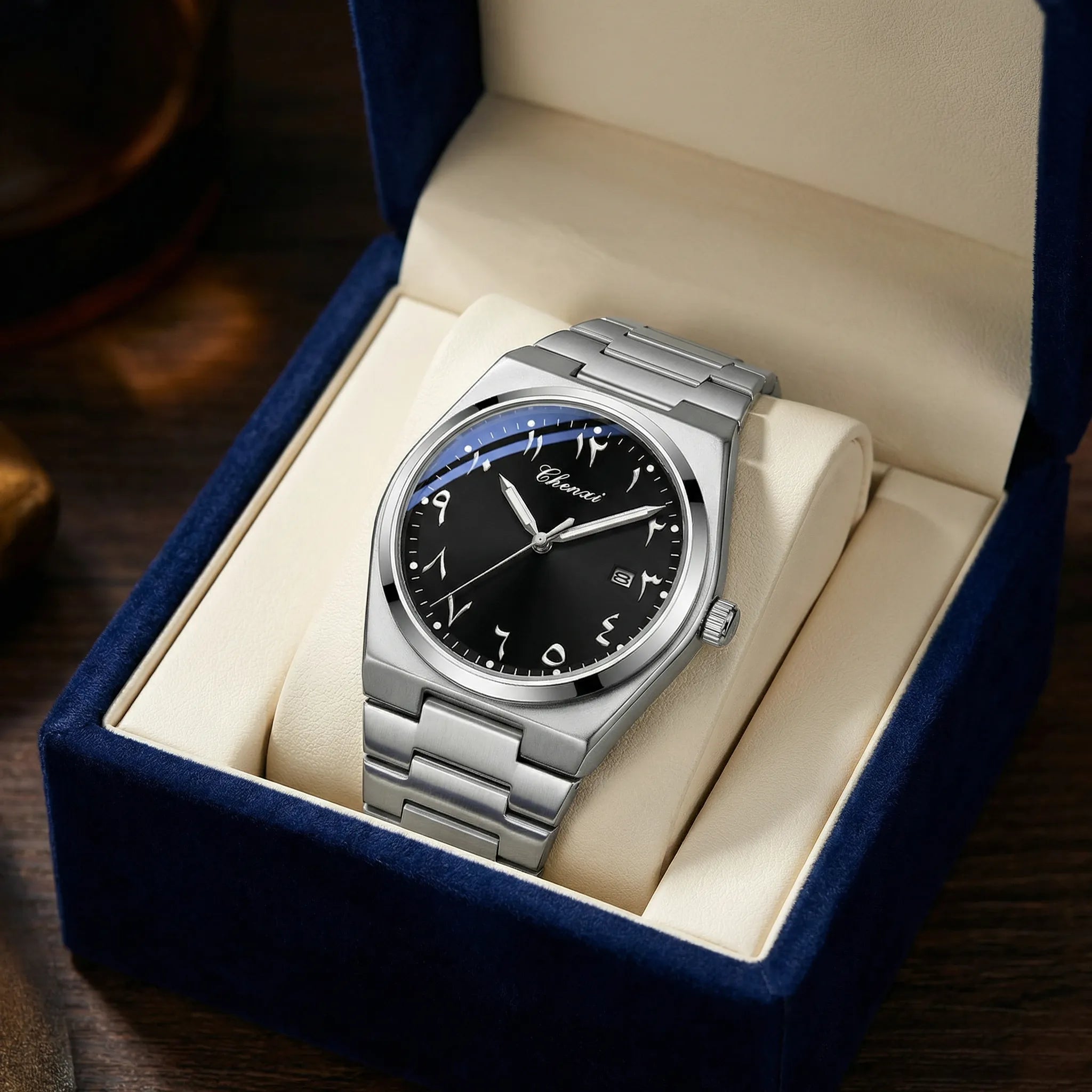 Premium gold tone watch with an Arabic dial presented in a luxury box, a perfect gift for men.