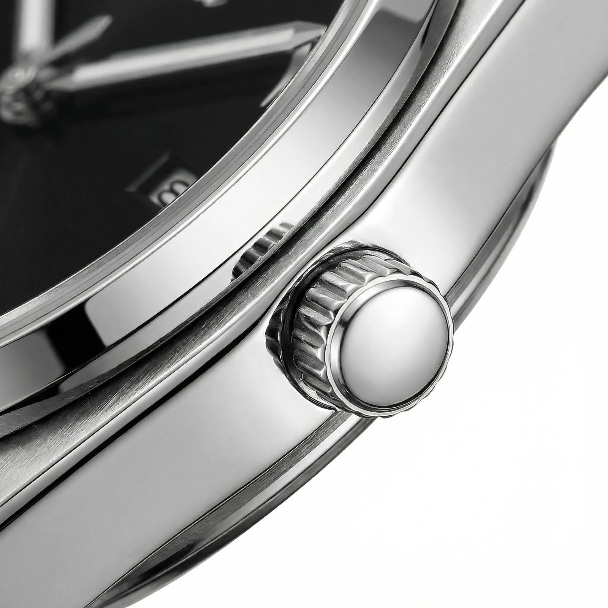 Side profile showing the elegant case of a gold tone watch, a highly sophisticated dress watch.