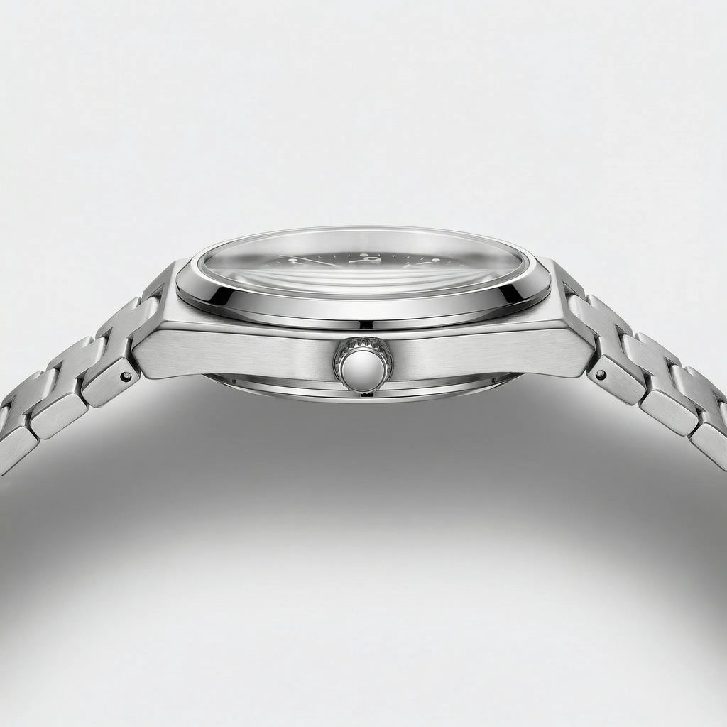 Close-up of the striking black Arabic dial on a gold tone watch, an elegant analog watch.