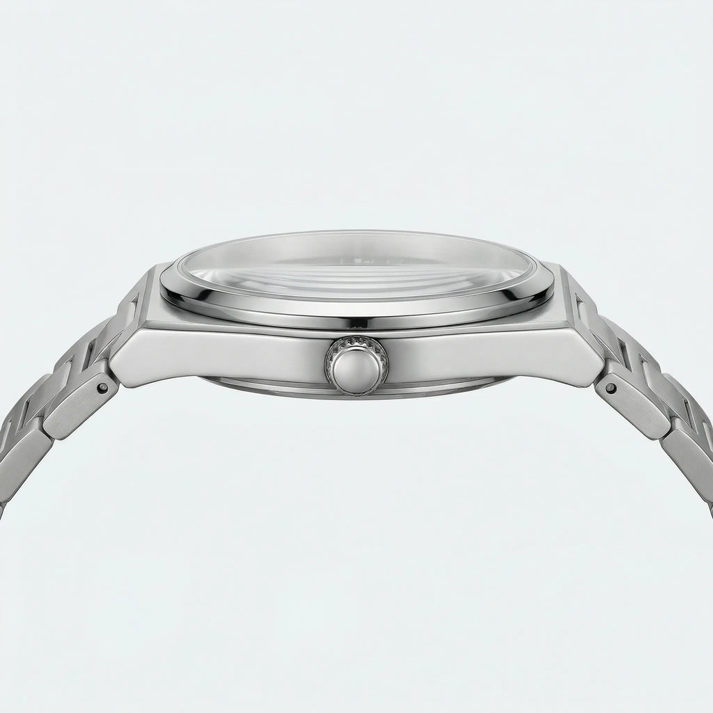 Angled presentation of a classic gold tone watch, an elegant analog watch.