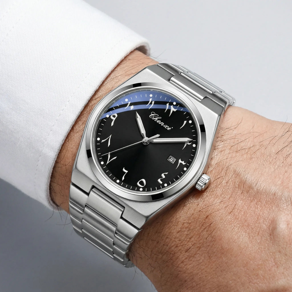 Man wearing a gold tone watch with an Arabic dial on his wrist, showcasing a luxurious presence.