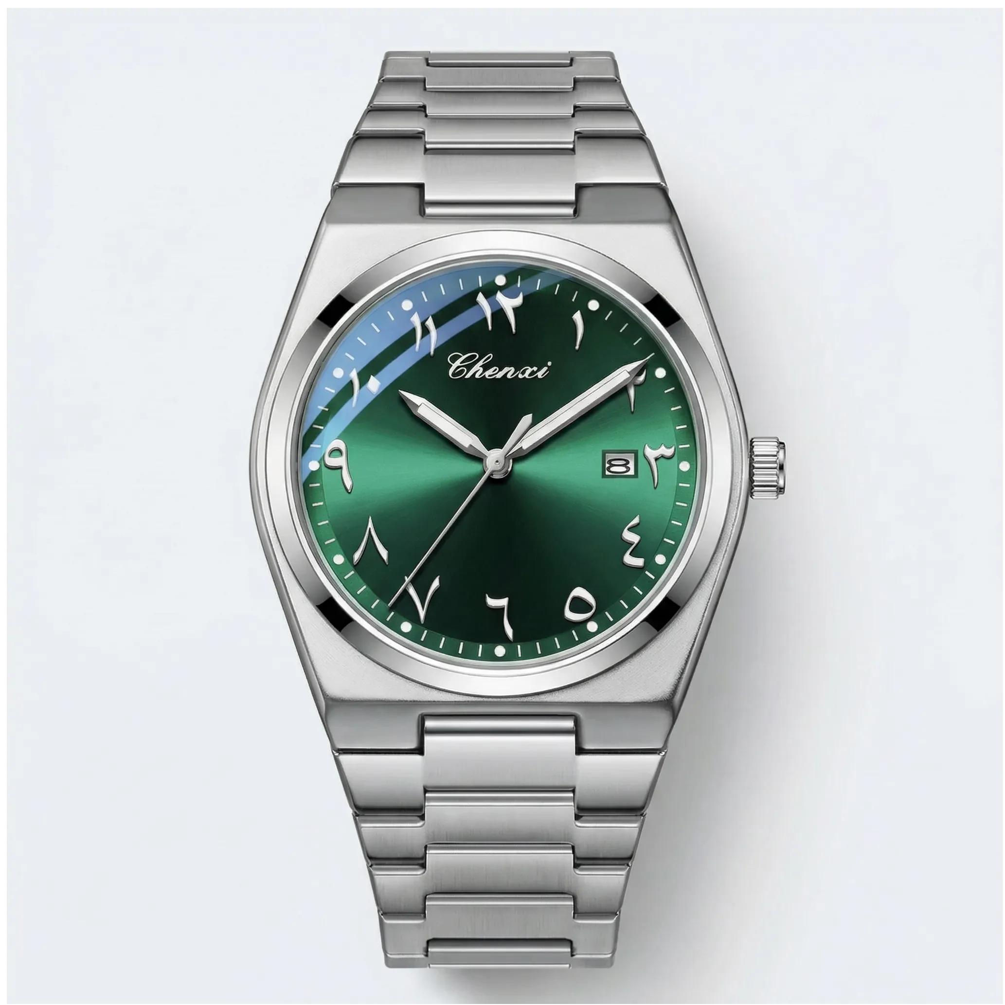 Detailed front view of a gold tone watch with a green Arabic dial, a prestigious luxury watch for men.