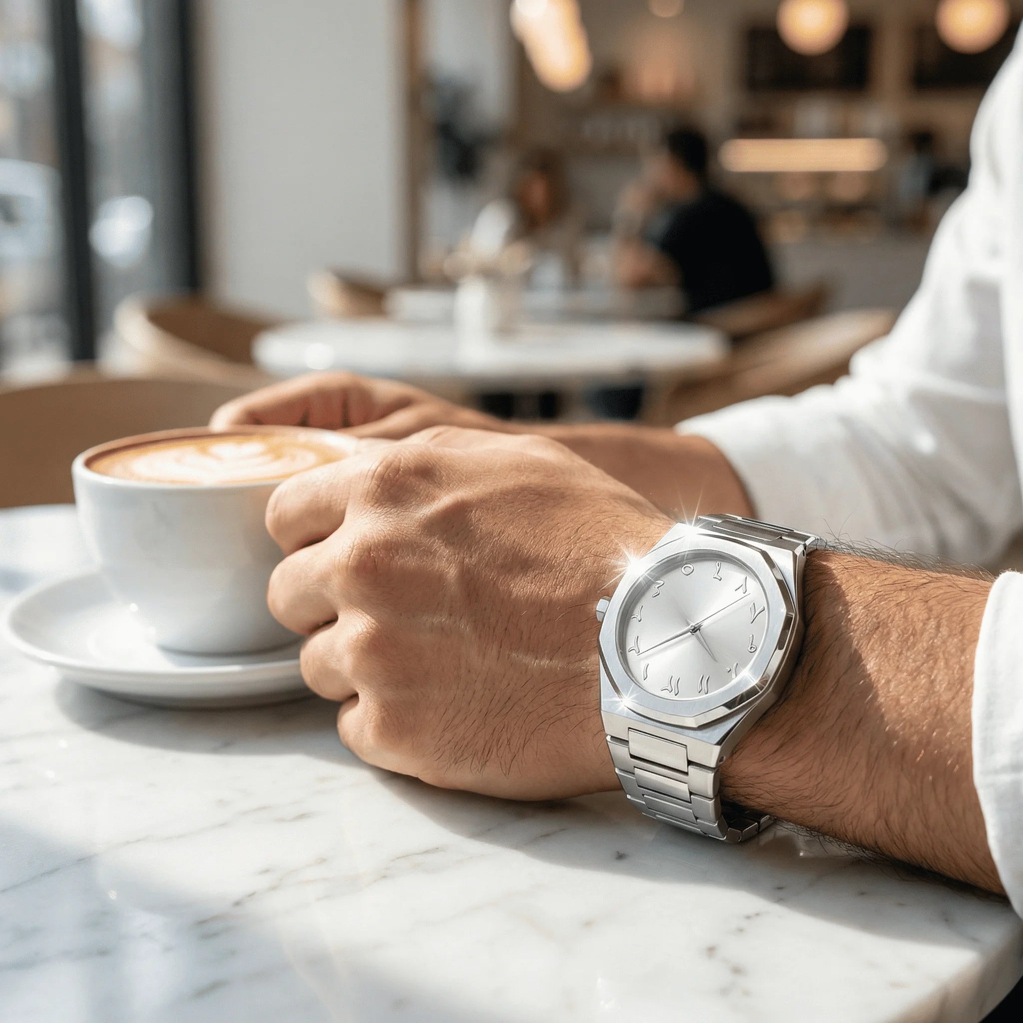 Man wearing an ultra-thin silver dress watch with an Arabic dial on his wrist, a modern executive look.