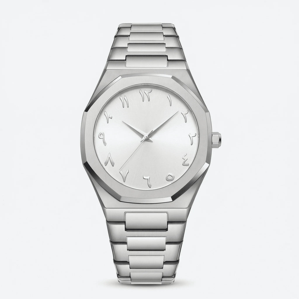 Detailed front view of a slim silver dress watch with an Arabic dial, a premium elegant watch.