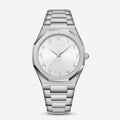 Detailed front view of a slim silver dress watch with an Arabic dial, a premium elegant watch.
