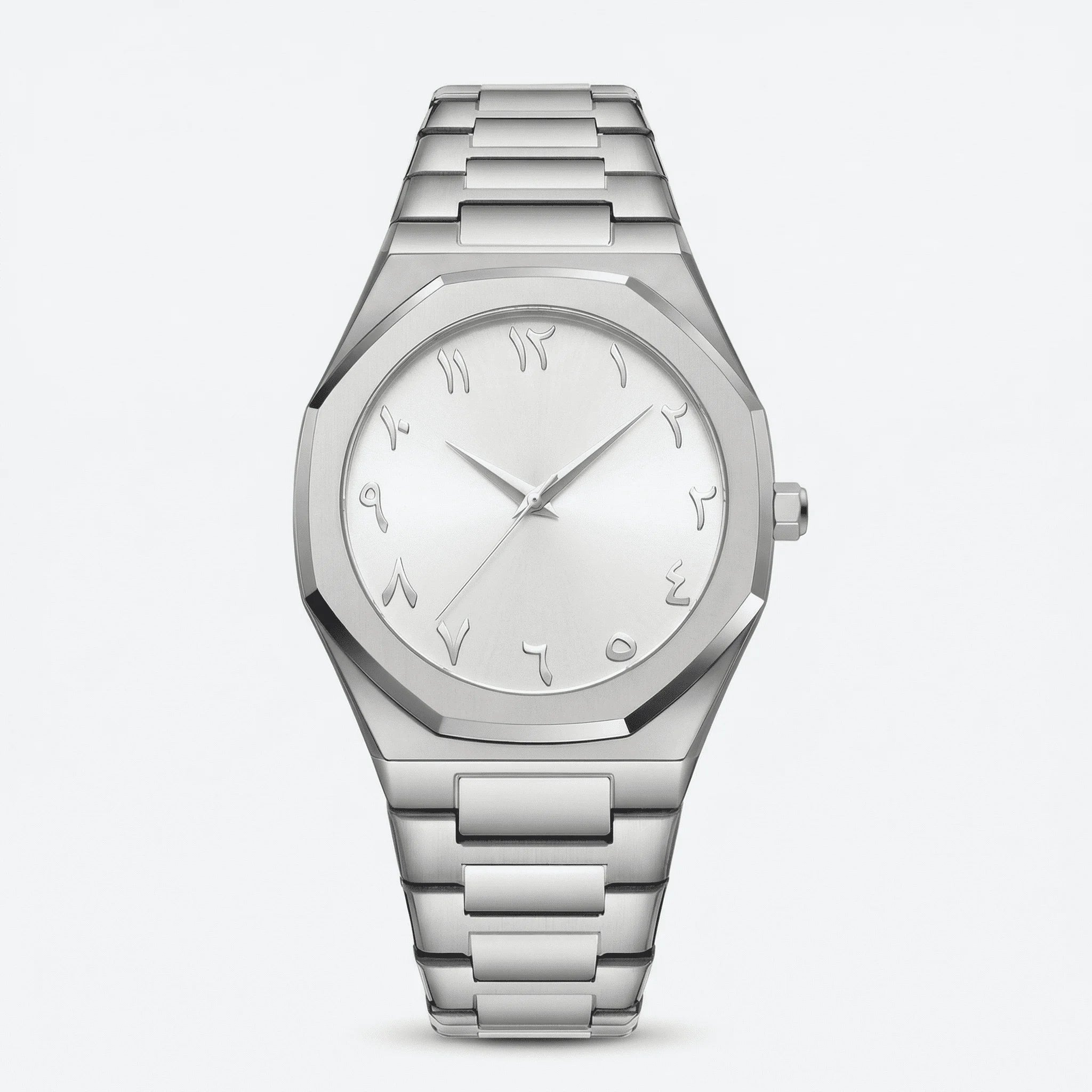 Detailed front view of a slim silver dress watch with an Arabic dial, a premium elegant watch.