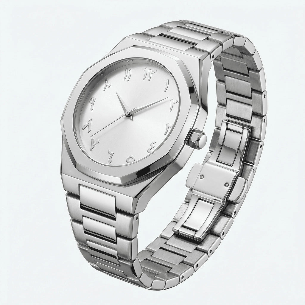 Angled presentation of an ultra-thin silver dress watch, a sophisticated analog watch.