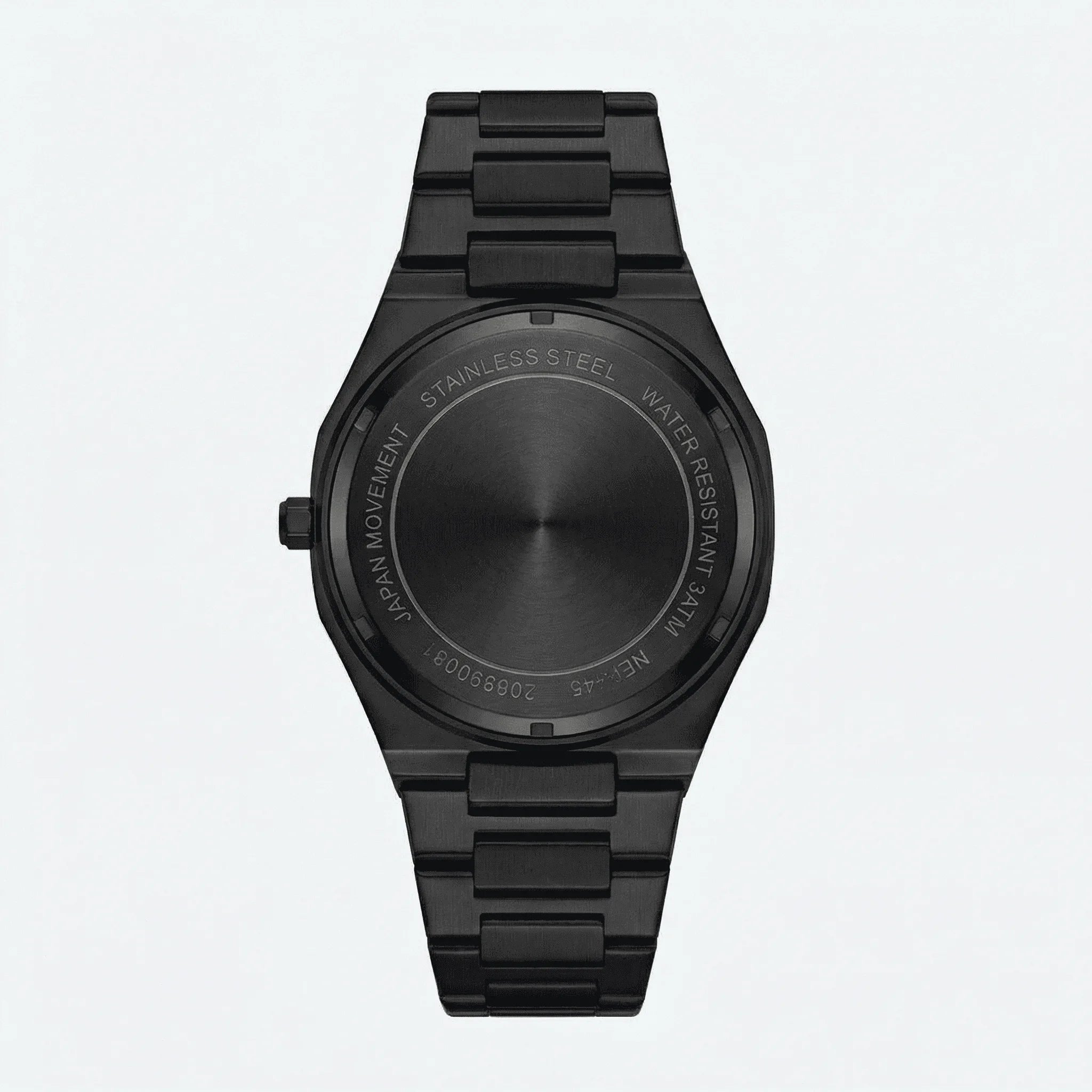 Classic straight-on view of a slim watch with a black Arabic dial, a timeless accessory.