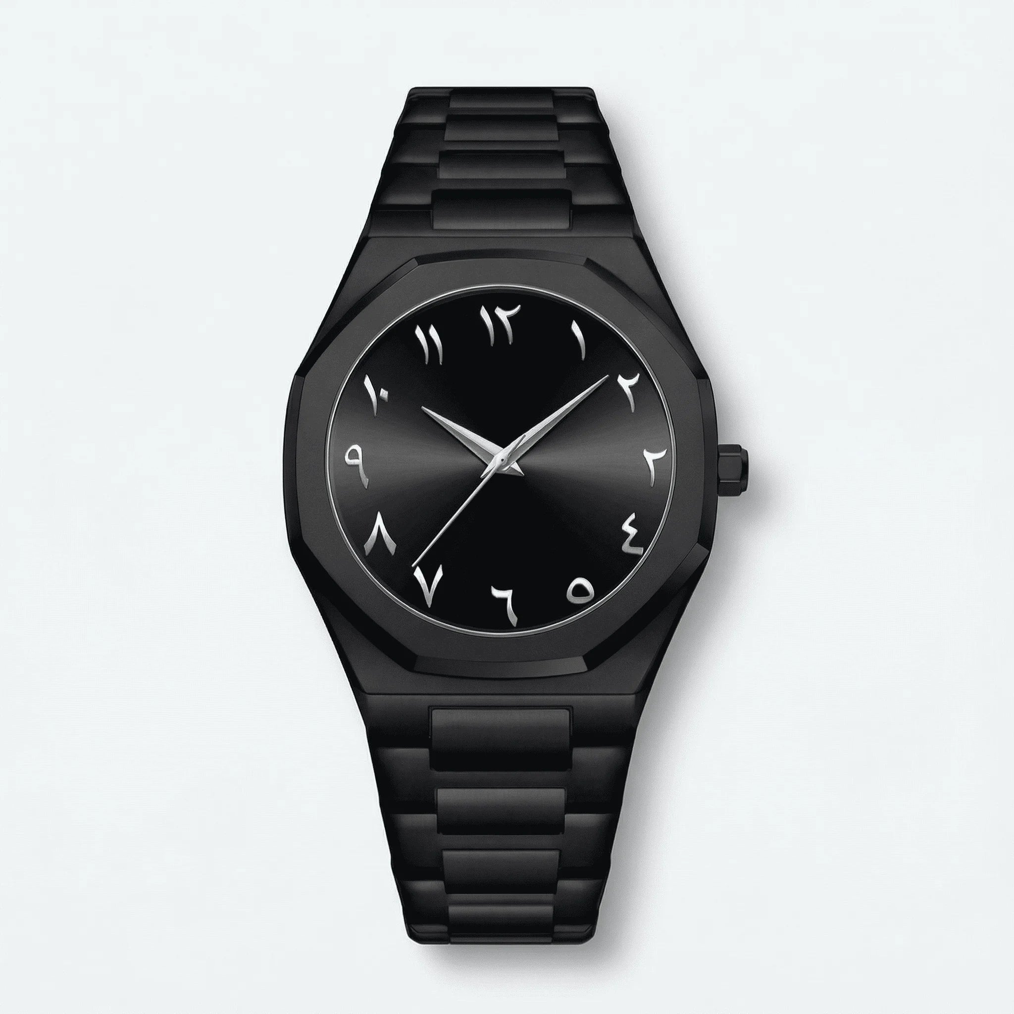 Detailed front view of a slim dress watch with a black Arabic dial, a premium elegant watch.