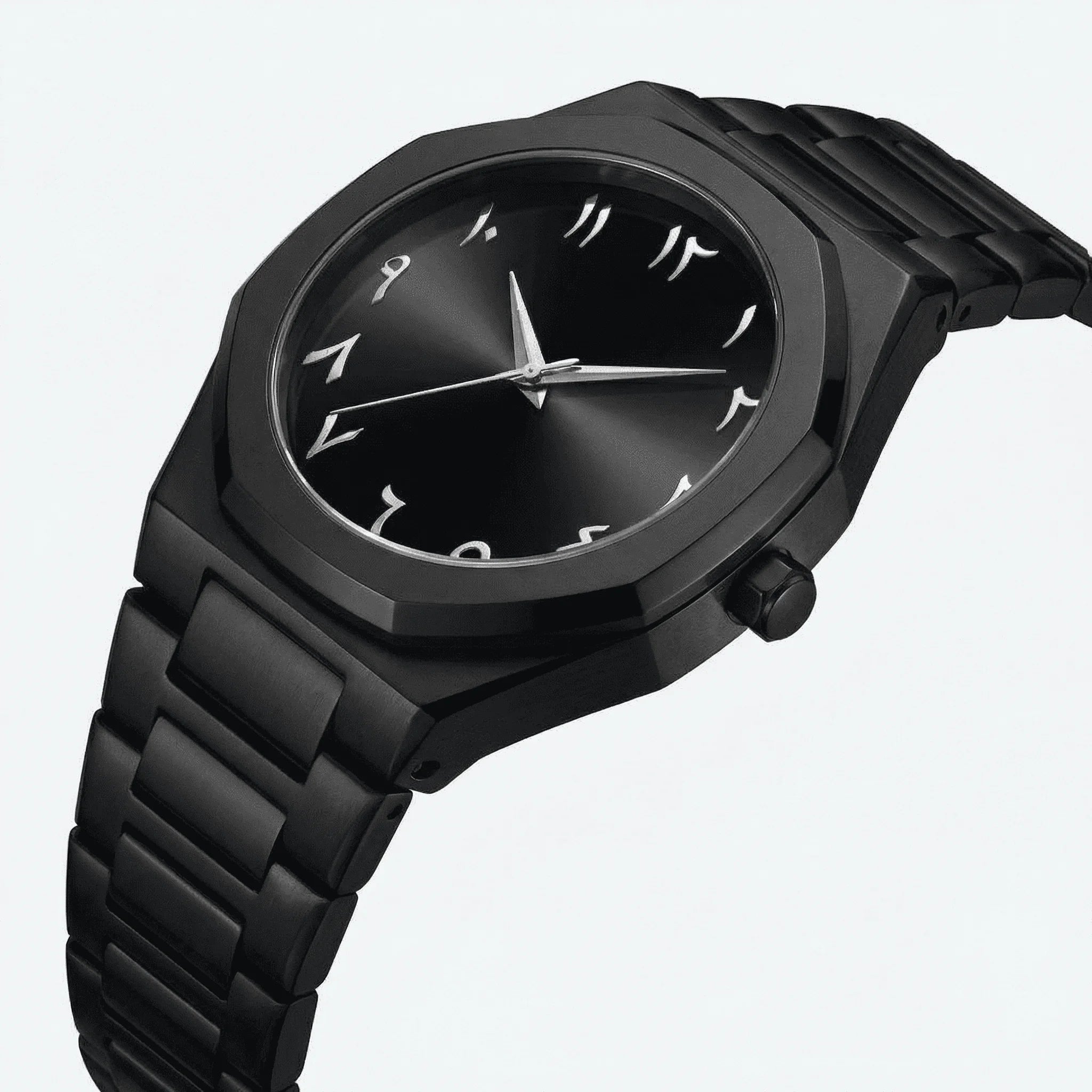 Side profile showing the slim case of a black Arabic dial dress watch, an excellent simple watch.