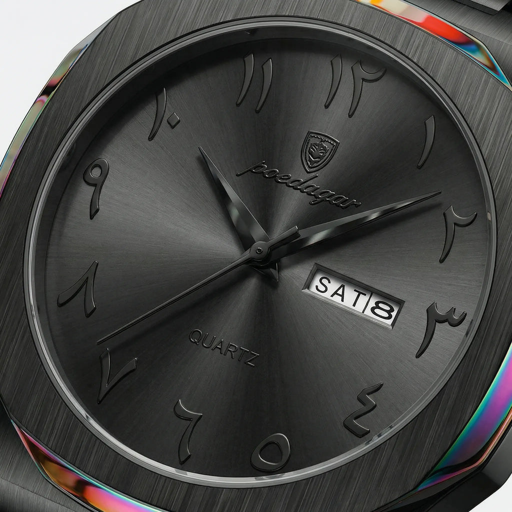 Side profile showing the irregular case shape of a vintage Arabic dial watch, a unique simple watch.