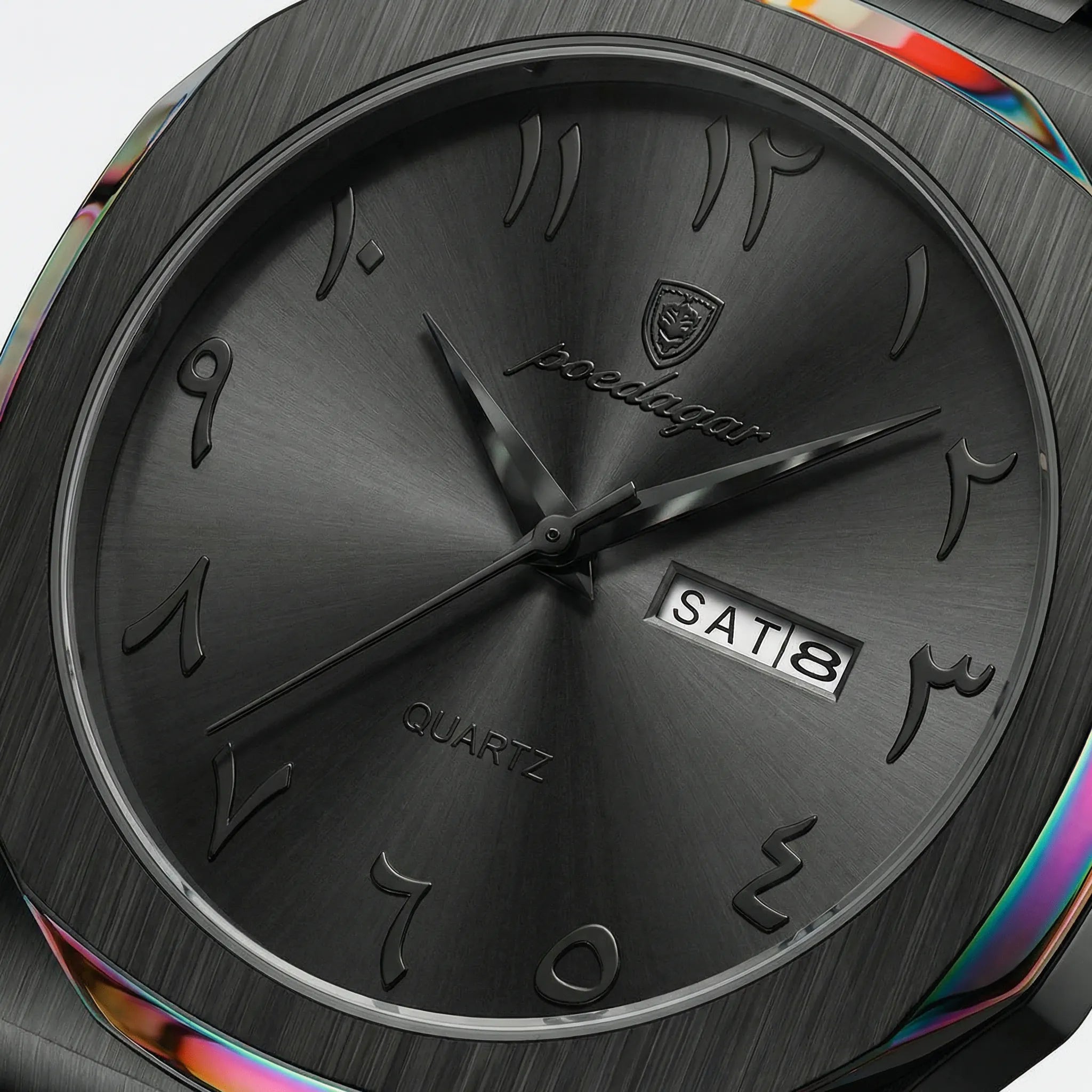 Side profile showing the irregular case shape of a vintage Arabic dial watch, a unique simple watch.