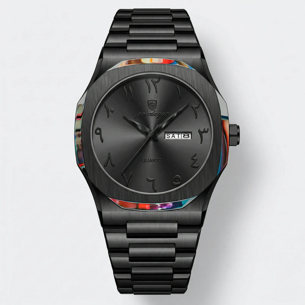 Detailed front view of a vintage watch with an Arabic dial and black leather strap, a classic heritage watch.