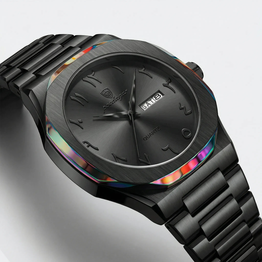 Detailed view of the premium black leather strap on a vintage Arabic dial watch.