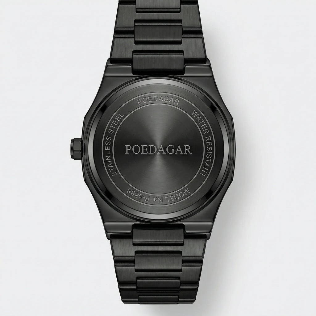 Classic straight-on view of a vintage watch with an Arabic dial, a timeless leather strap watch.