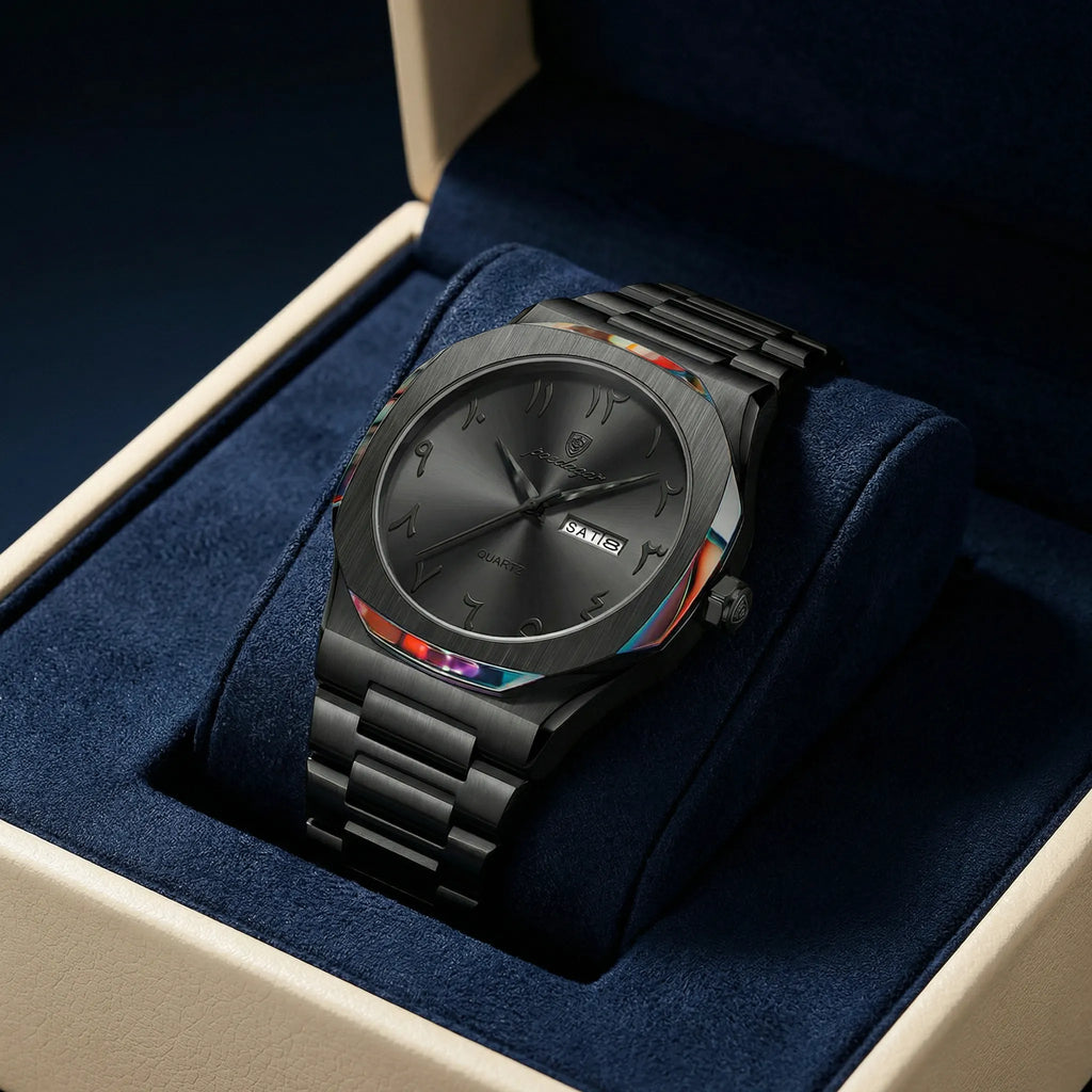 Man wearing a vintage heritage watch with an Arabic dial on his wrist, a classic analog watch.