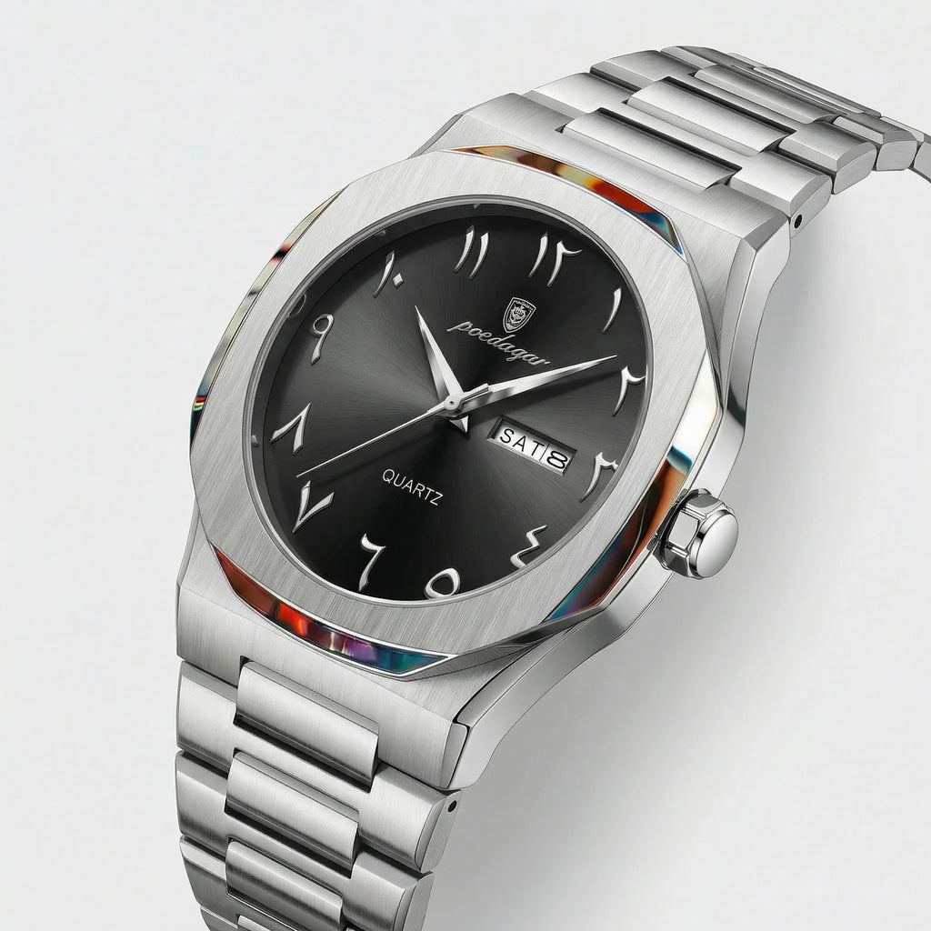 Angled presentation of a vintage style watch, an elegant analog watch for men.