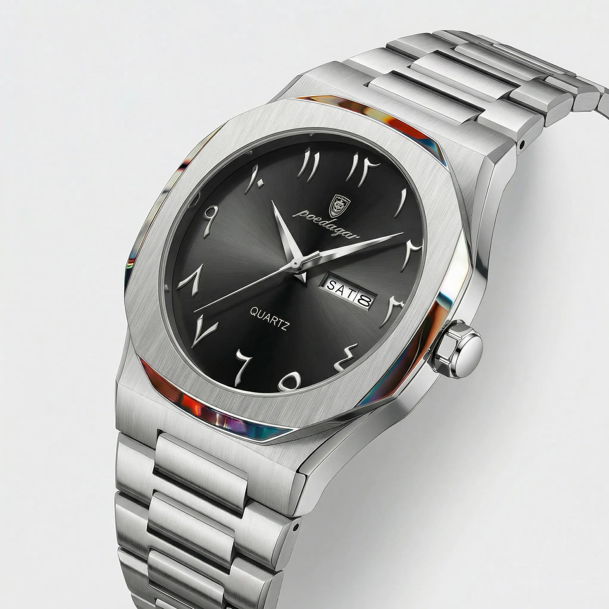 Angled presentation of a vintage style watch, an elegant analog watch for men.