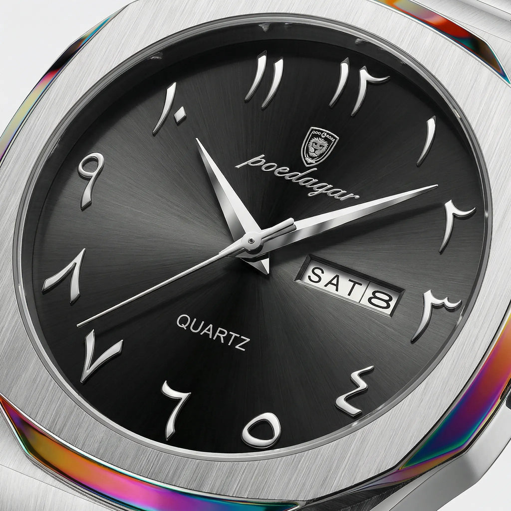 Side profile showing the irregular case shape of a vintage Arabic dial watch, a timeless accessory.