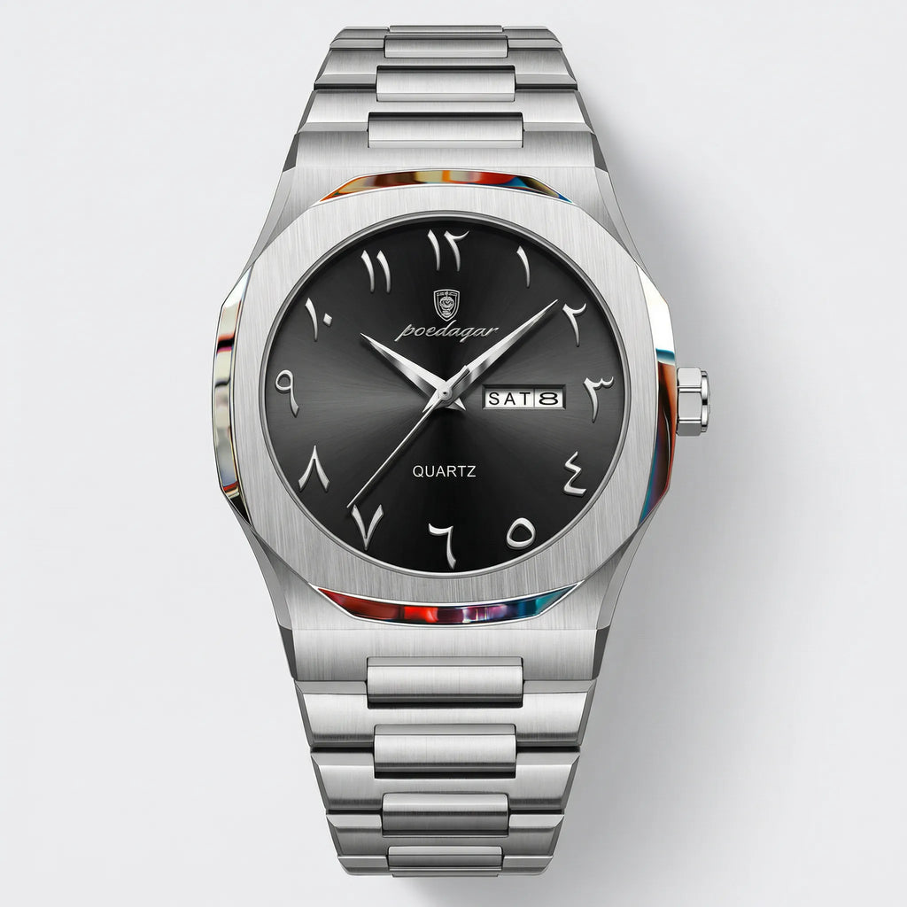 Detailed front view of a vintage watch with an Arabic dial and black leather strap, a classic heritage watch.