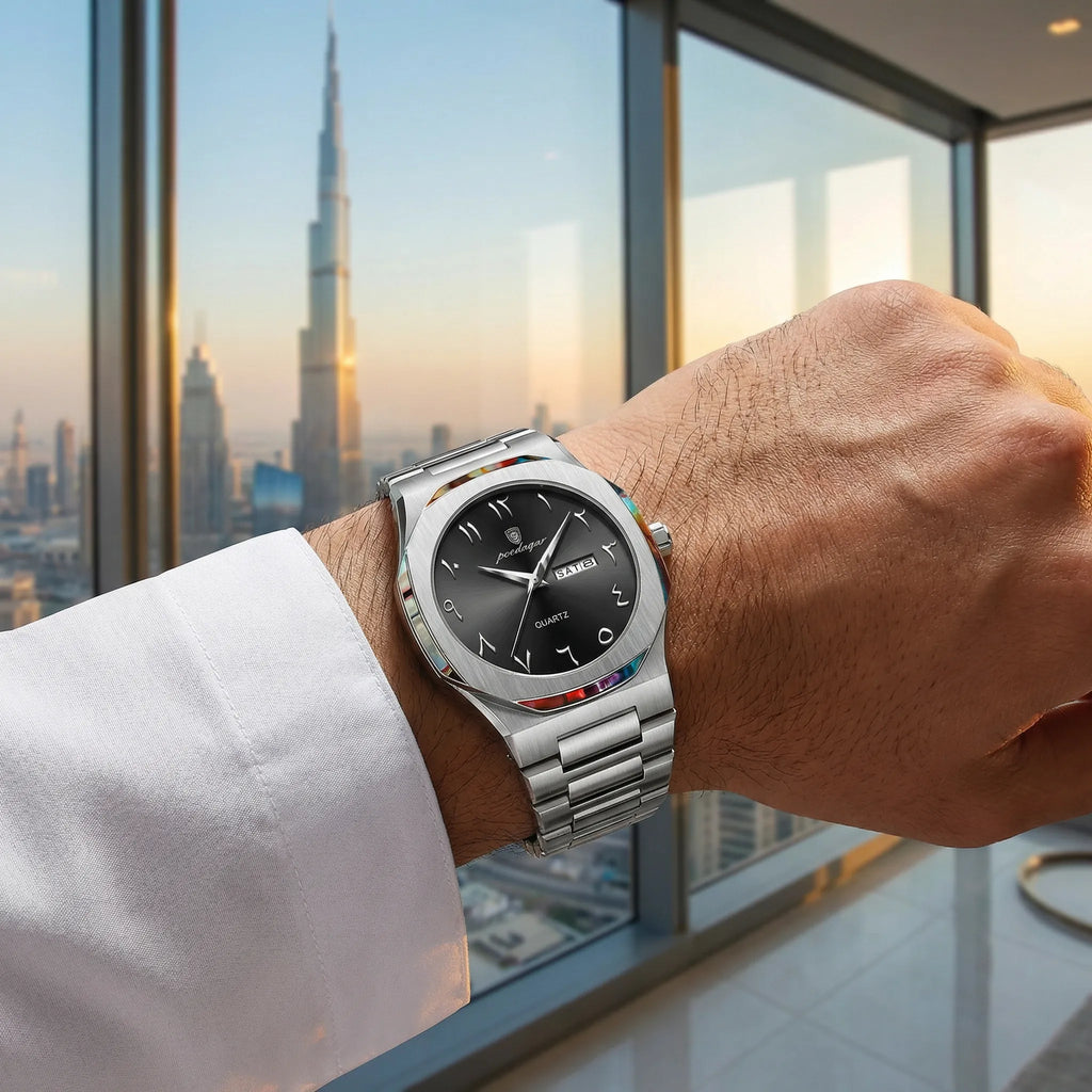 Man wearing a vintage heritage watch with an Arabic dial on his wrist, showcasing classic elegance.