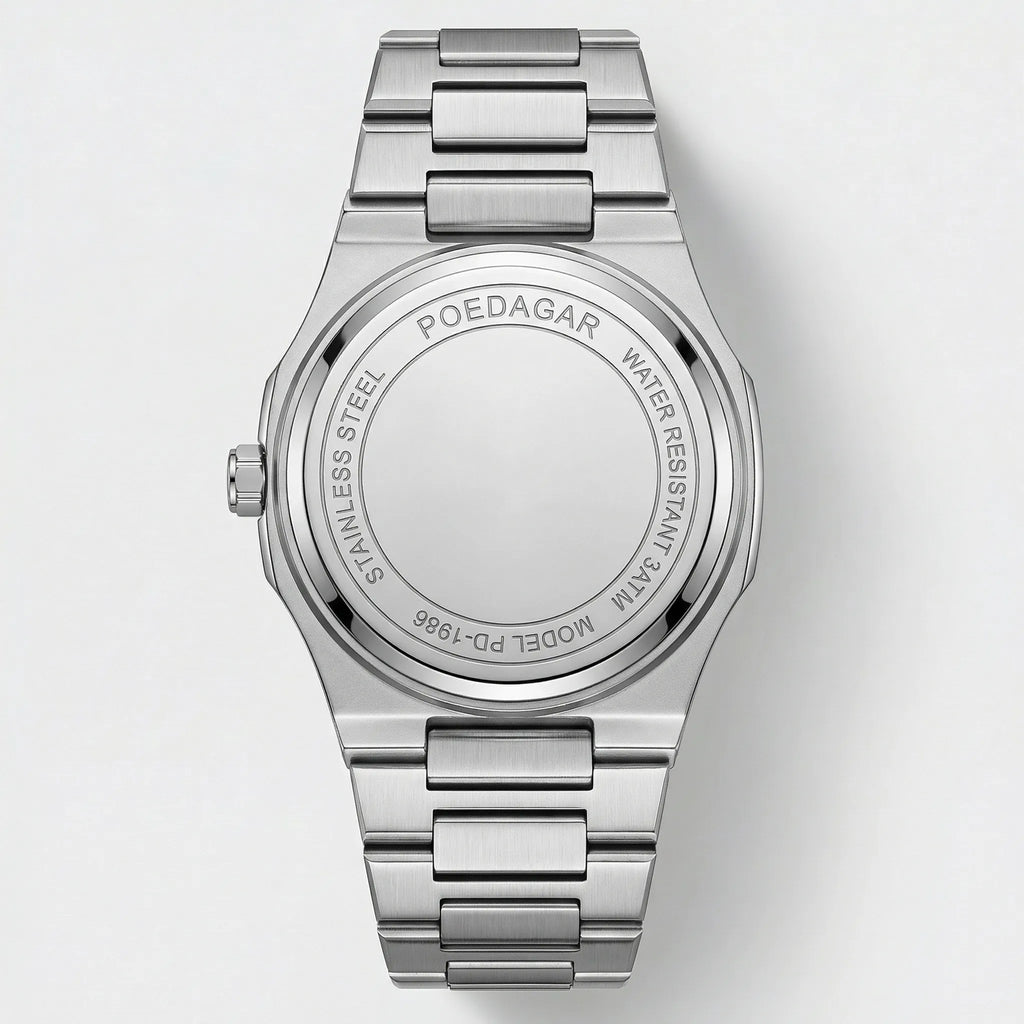 Classic straight-on view of a vintage watch with an Arabic dial, a premium dress watch.