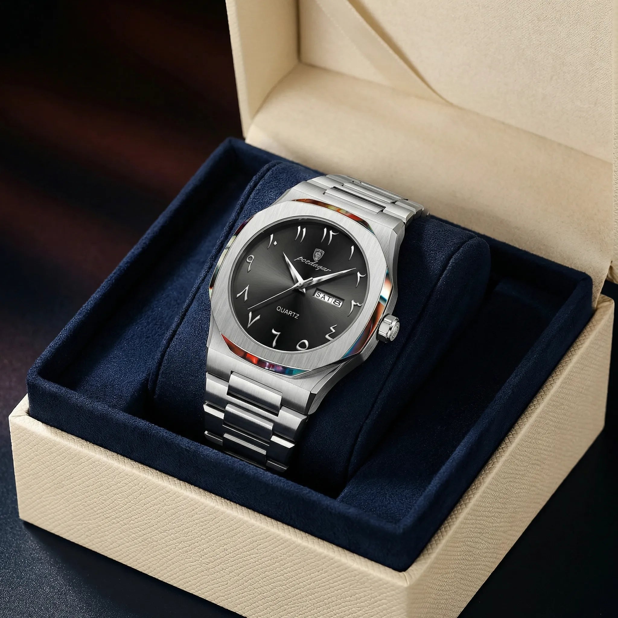 Detailed view of the premium black leather strap on a vintage Arabic dial watch.