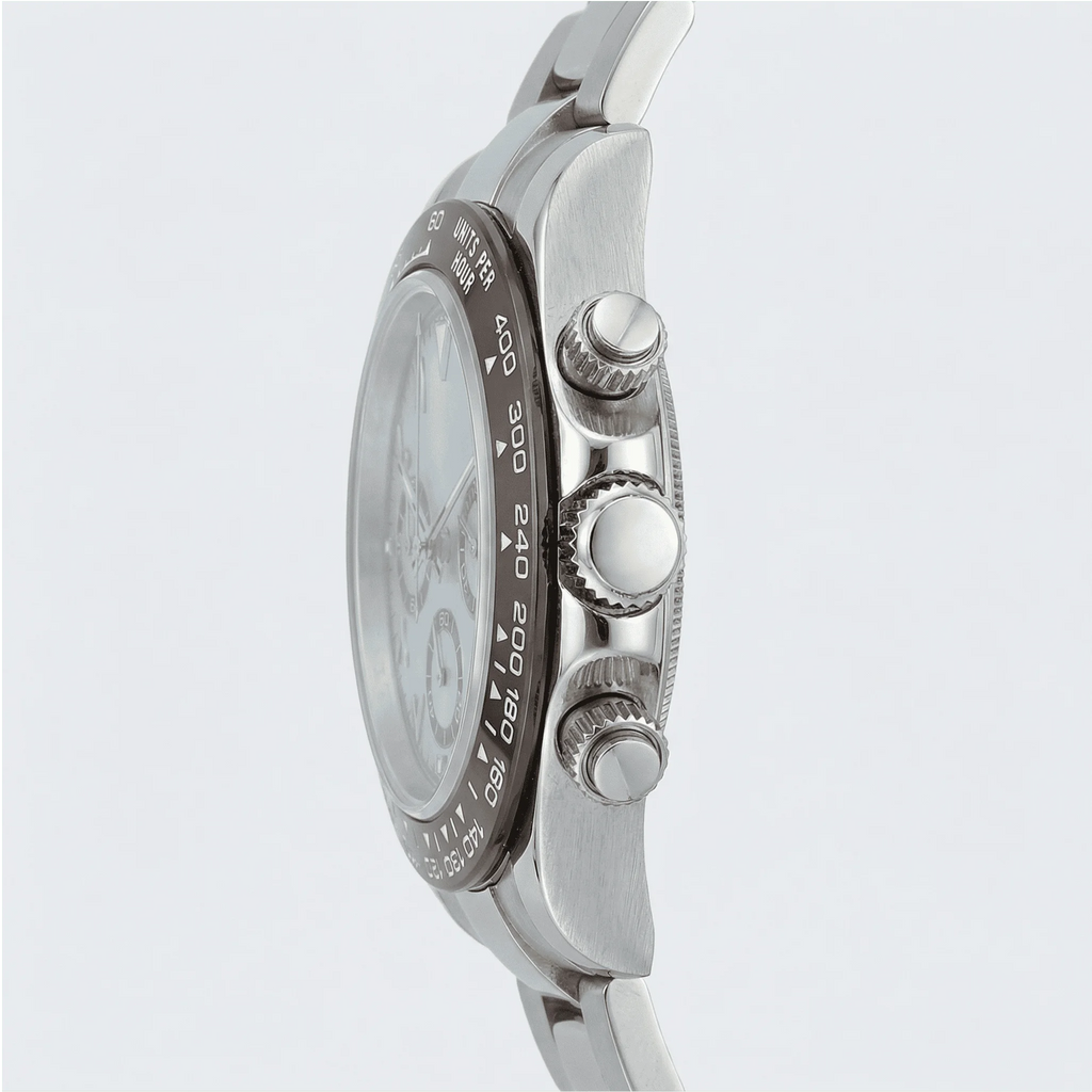 Close-up of the clean black Arabic dial on a minimalist watch, an understated simple watch.