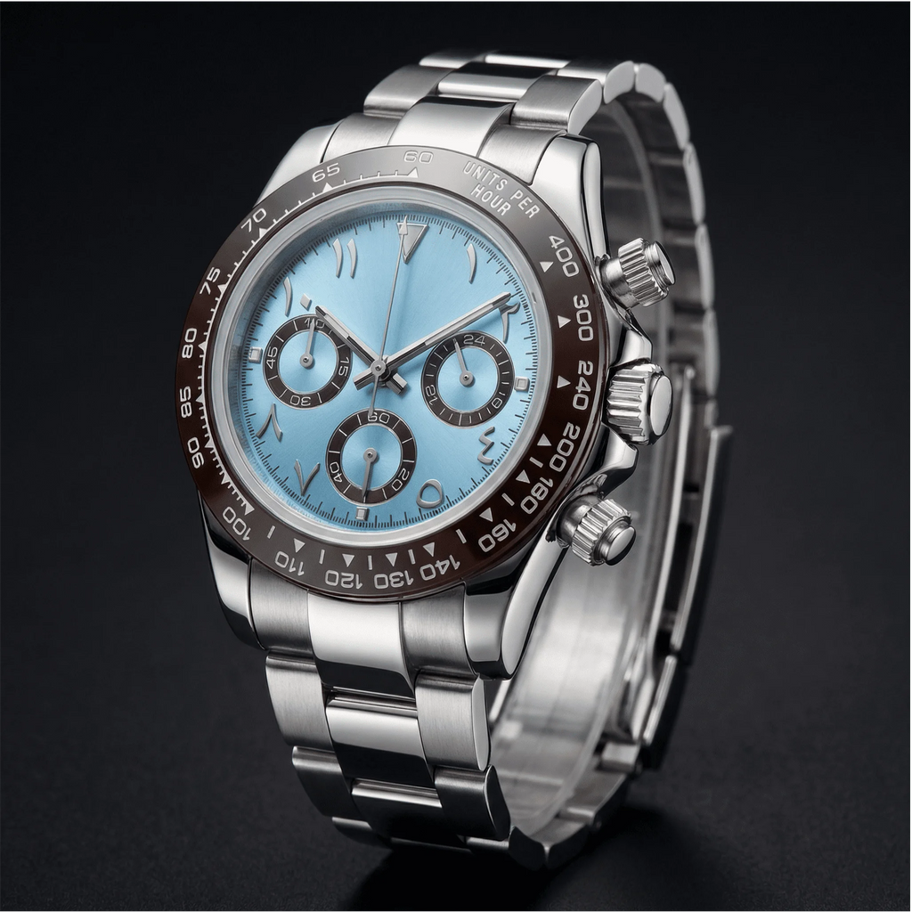 Classic straight-on view of a minimalist silver watch with a black Arabic dial, a timeless accessory.