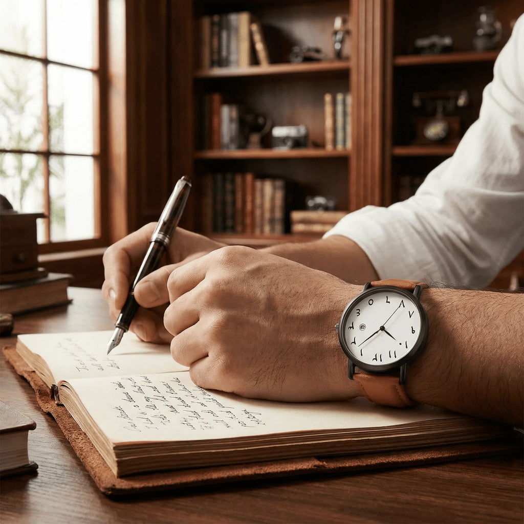 Man wearing an elegant watch with a white Arabic dial on his wrist, showcasing a quiet luxury aesthetic.