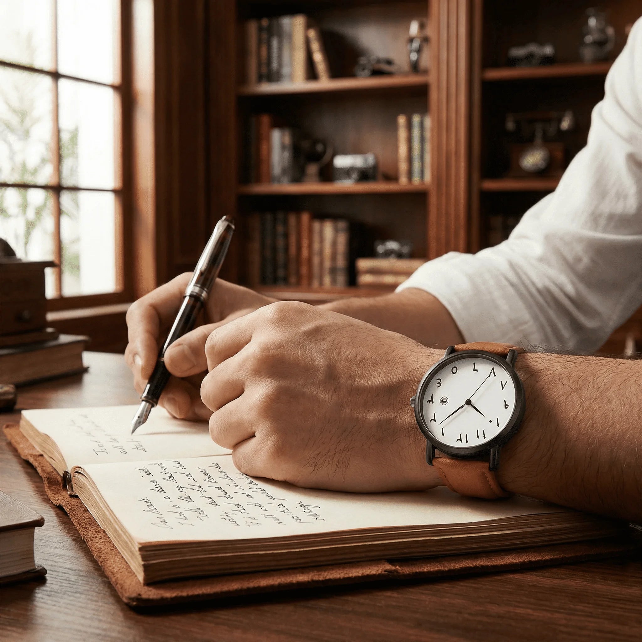 Man wearing an elegant watch with a white Arabic dial on his wrist, showcasing a quiet luxury aesthetic.