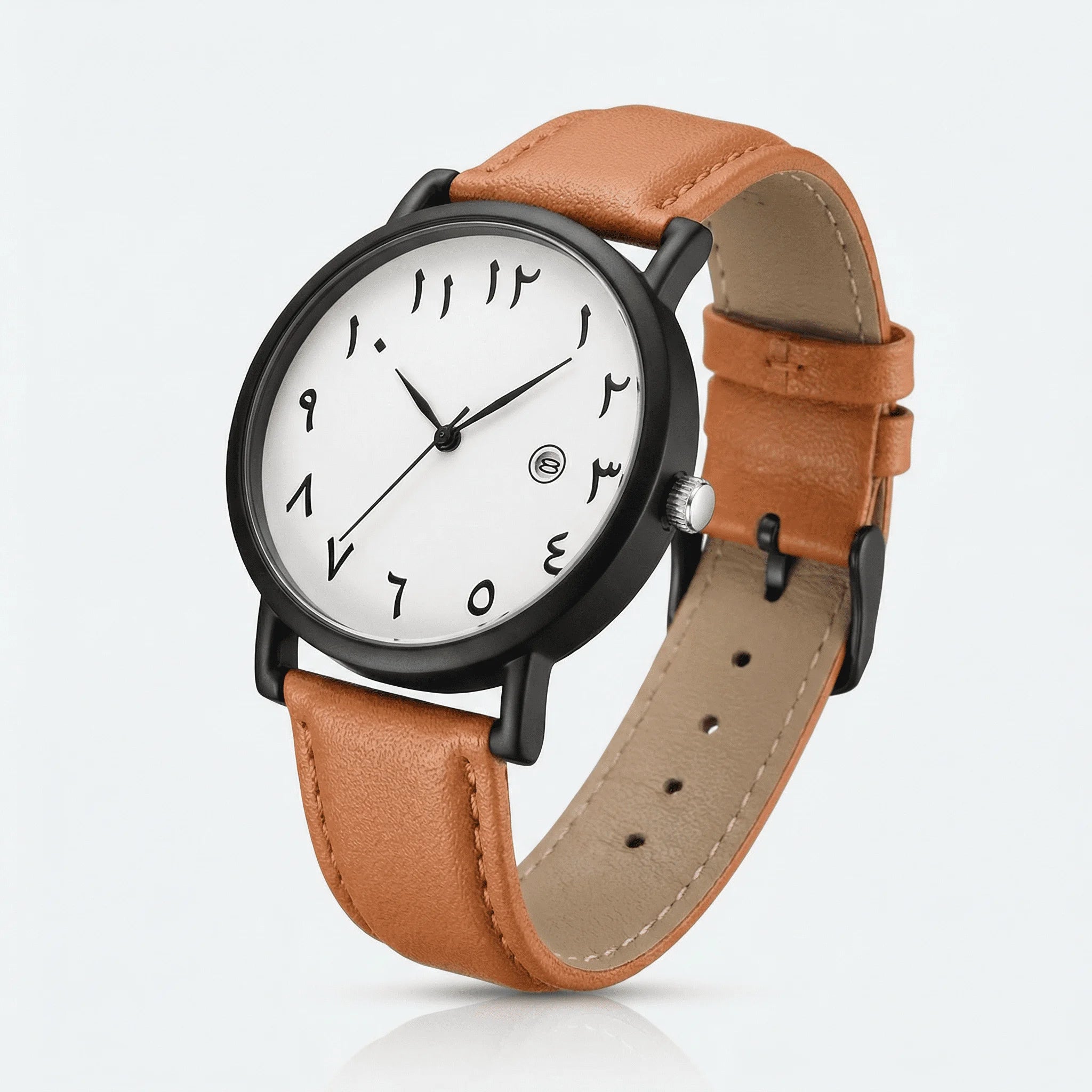 Side profile showing the slim case of an elegant watch, a timeless leather strap watch.