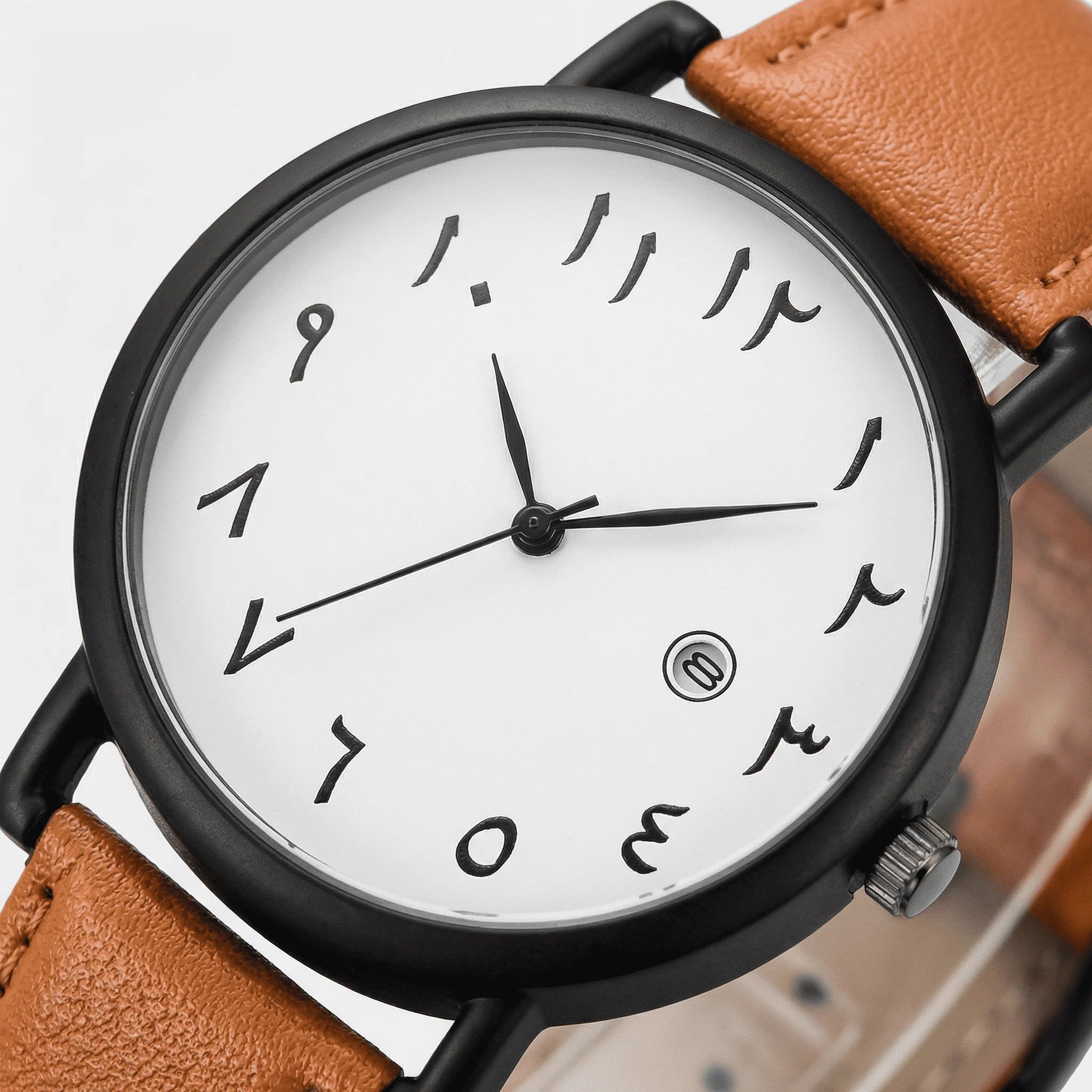 Angled presentation of a minimalist watch, a classic analog watch for men.