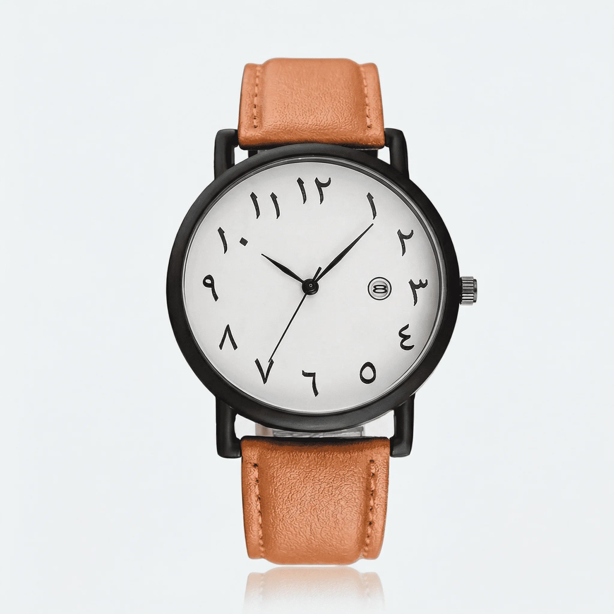 Detailed front view of an elegant watch with a white Arabic dial and brown leather strap, a sophisticated dress watch.