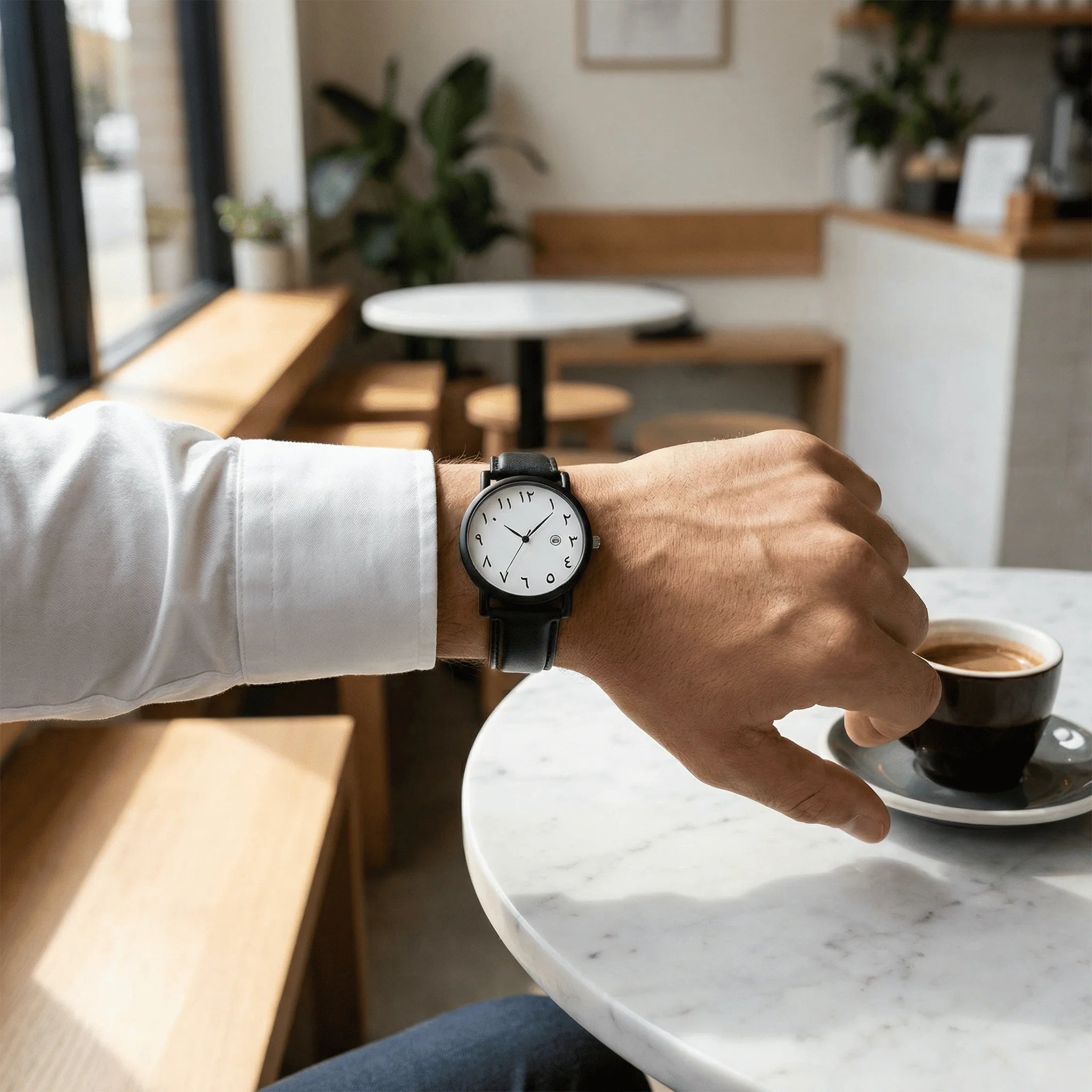 Man wearing an elegant watch with a black Arabic dial on his wrist, a perfect wrist watch for men.