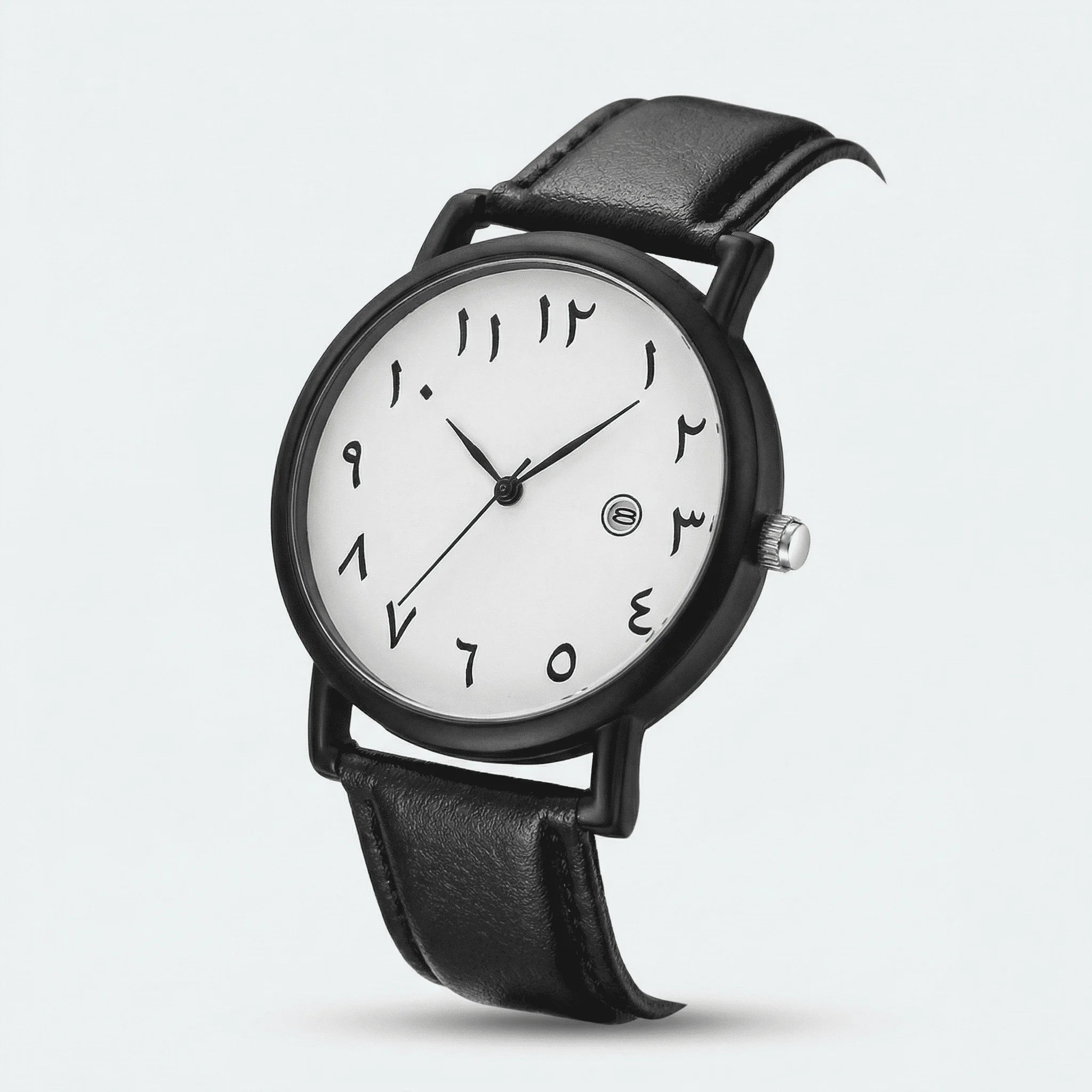 Angled presentation of a minimalist watch with an Arabic dial, a classic analog watch for men.