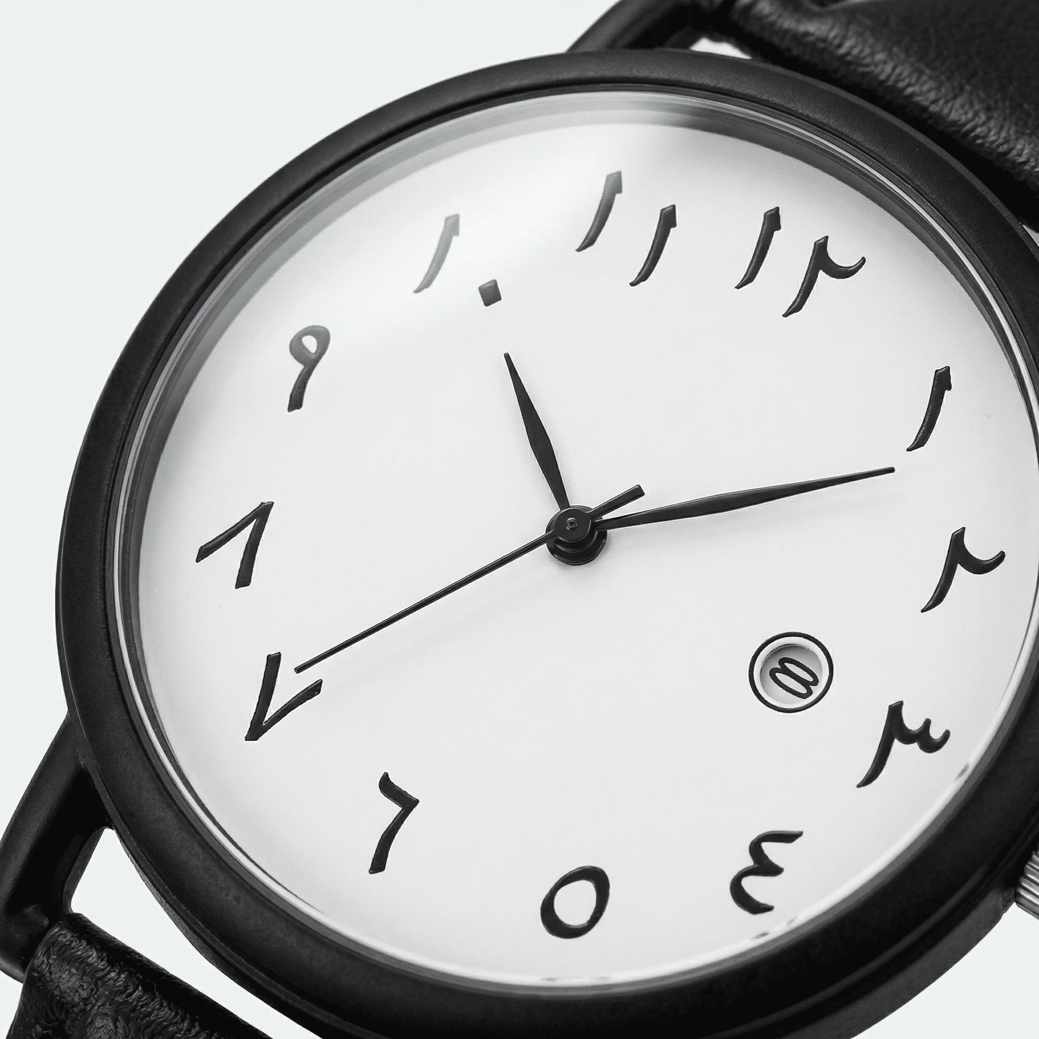 Side profile demonstrating the slim case of an elegant Arabic dial watch, a timeless leather strap watch.