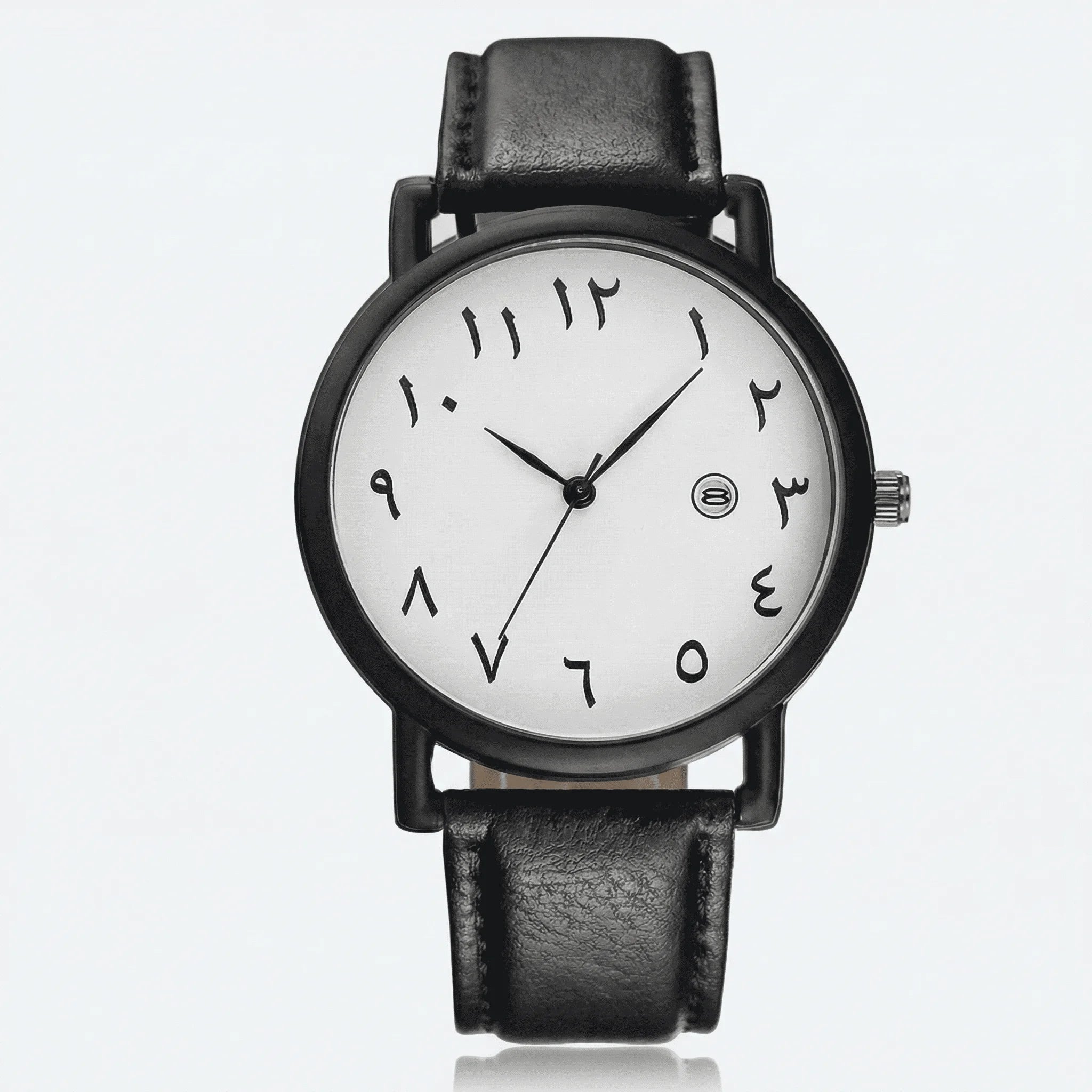 Detailed front view of an elegant watch with a black Arabic dial, a sophisticated dress watch.