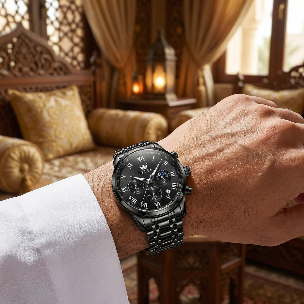 Man wearing a heavy duty black stainless steel watch on his wrist, an uncompromising black watch for men.