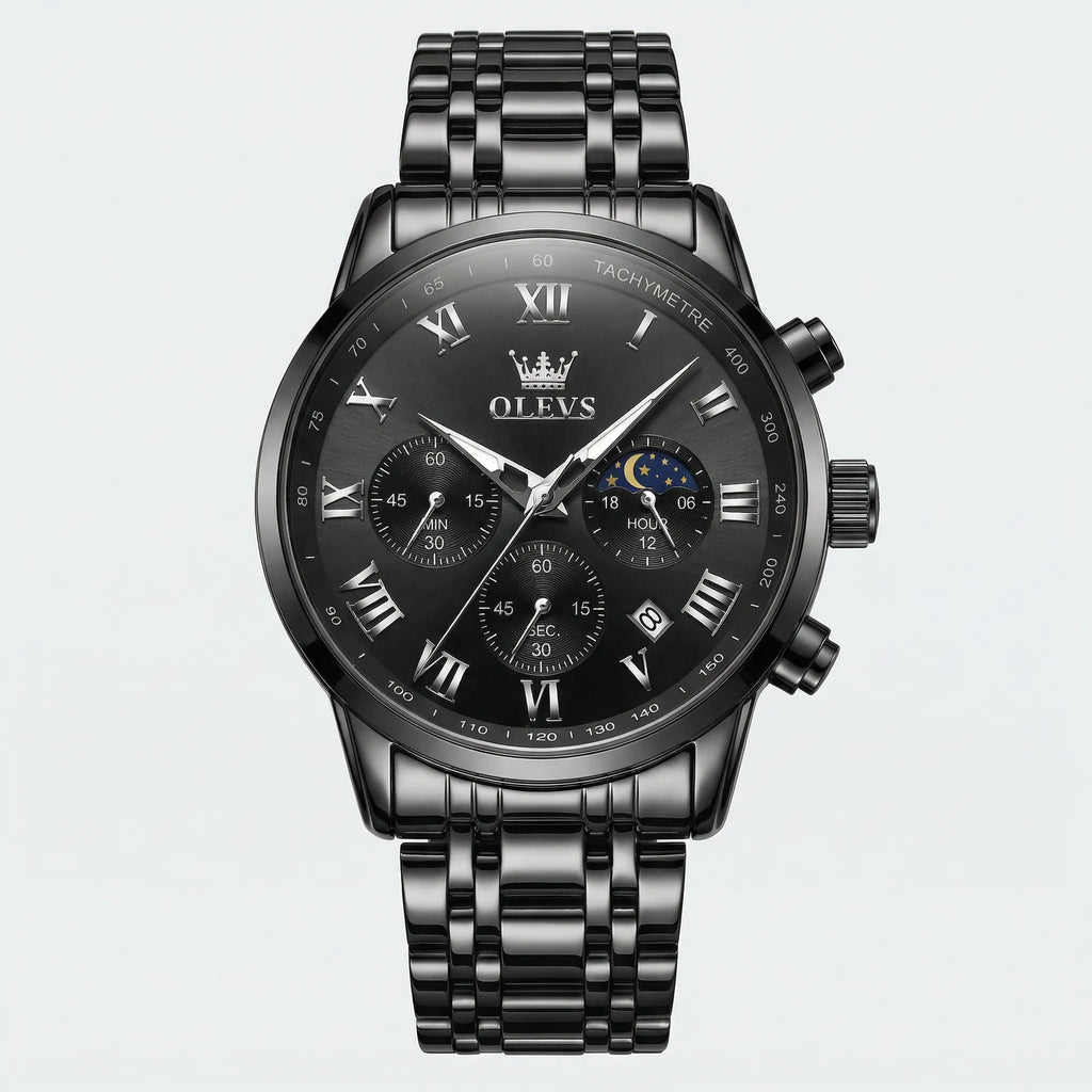 Detailed front view of a heavy duty black stainless steel watch, a rugged chronograph watch.