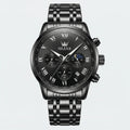 Detailed front view of a heavy duty black stainless steel watch, a rugged chronograph watch.