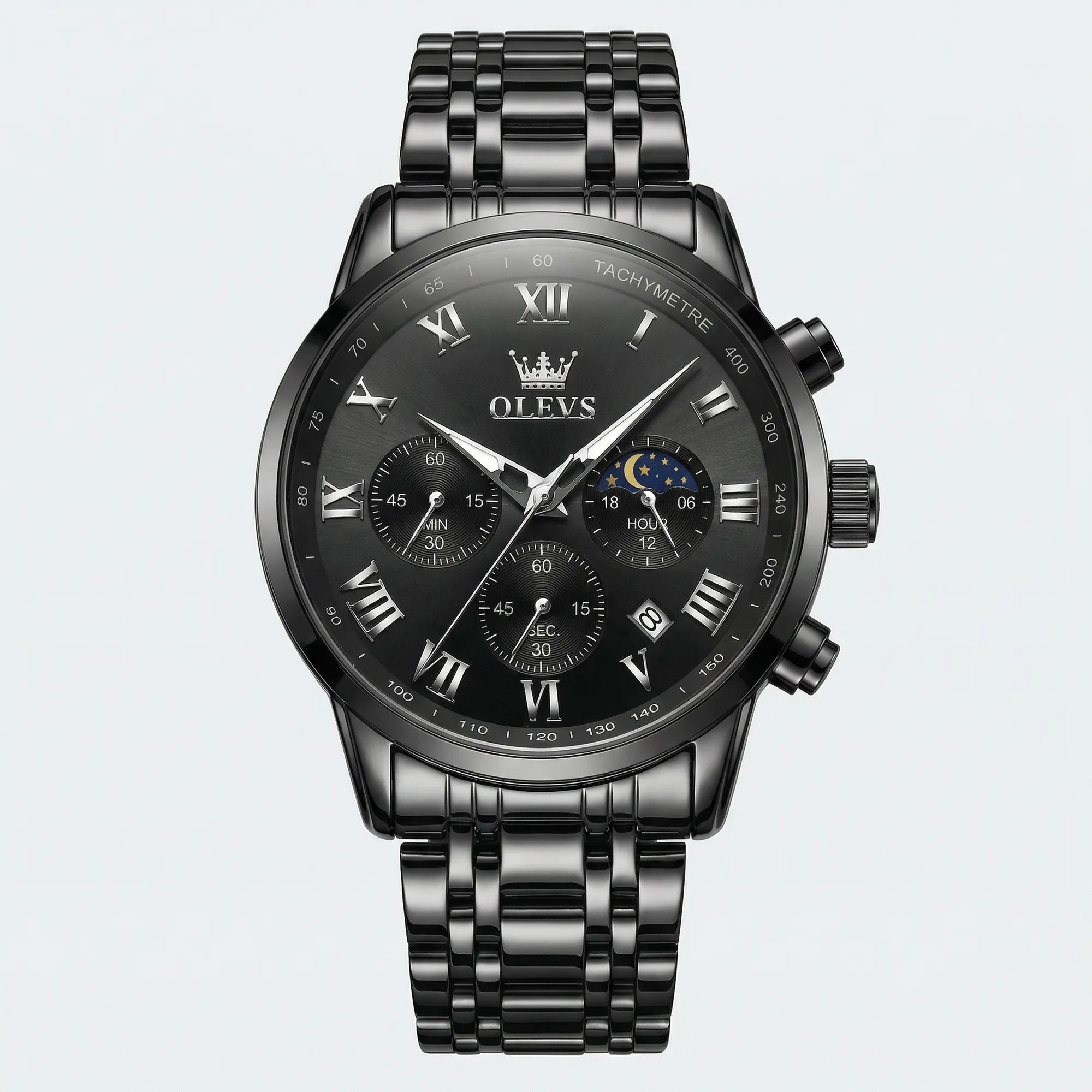 Detailed front view of a heavy duty black stainless steel watch, a rugged chronograph watch.