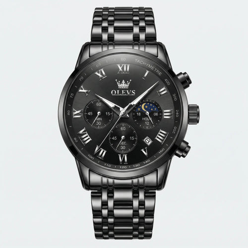 Detailed front view of a heavy duty black stainless steel watch, a rugged chronograph watch.