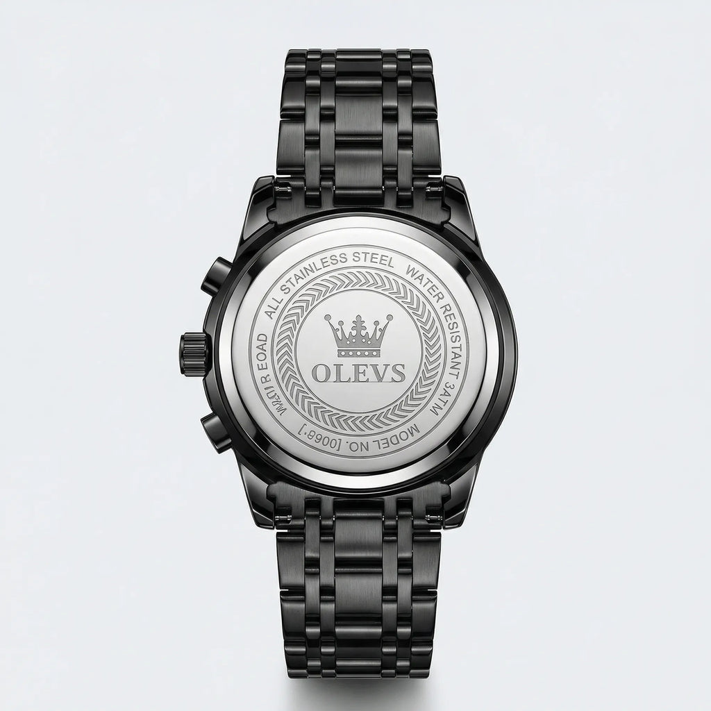 Side profile highlighting the strong case of a heavy duty black watch, a top stainless steel watch.