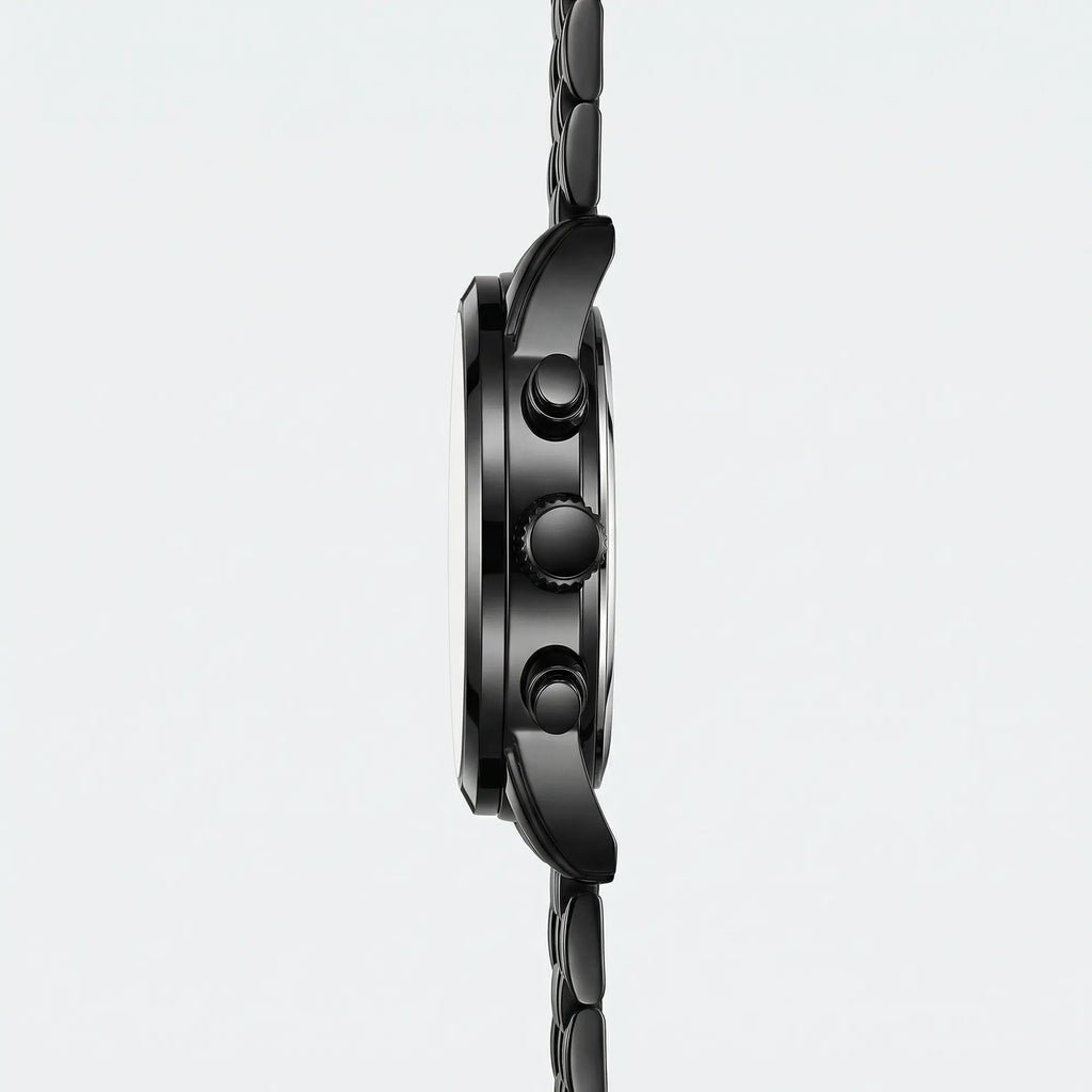 Angled presentation of a robust black stainless steel watch, a commanding analog watch for men.