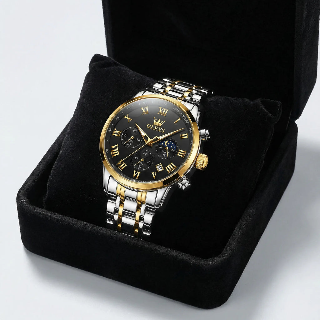 Detailed view of the thick gold tone stainless steel band and folding clasp on a heavy duty watch.